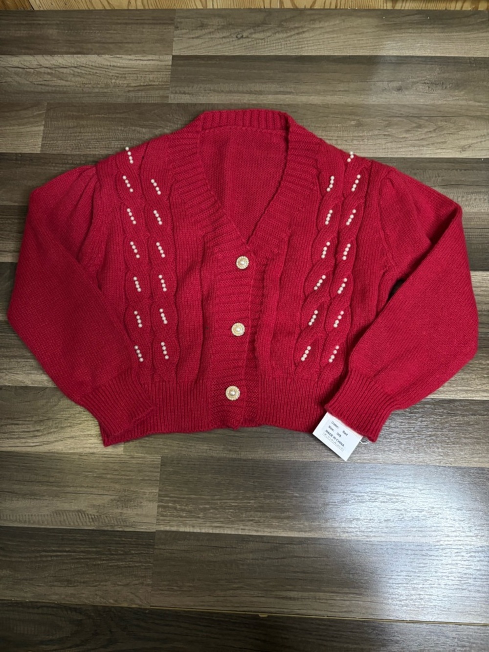 Women's Red Black Cable Knit Cardigan Sweater Pearl Button Long Sleeve Size O/S